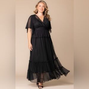 NEW Kiyonna Graceful Tiered Mesh Gown With Sheer Flutter Sleeves in Onyx